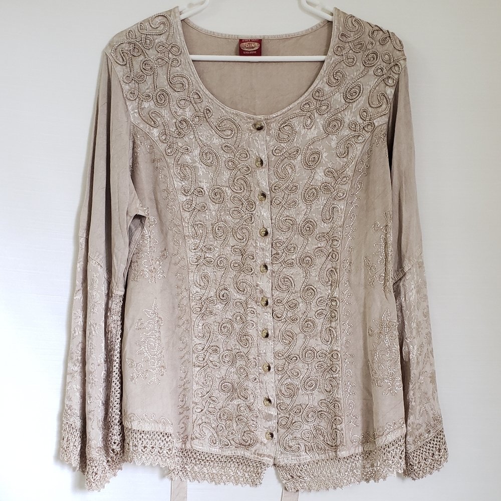Renaissance Peasant Long Sleeve Detail Button Up Top Beige Festival Vintage O/S